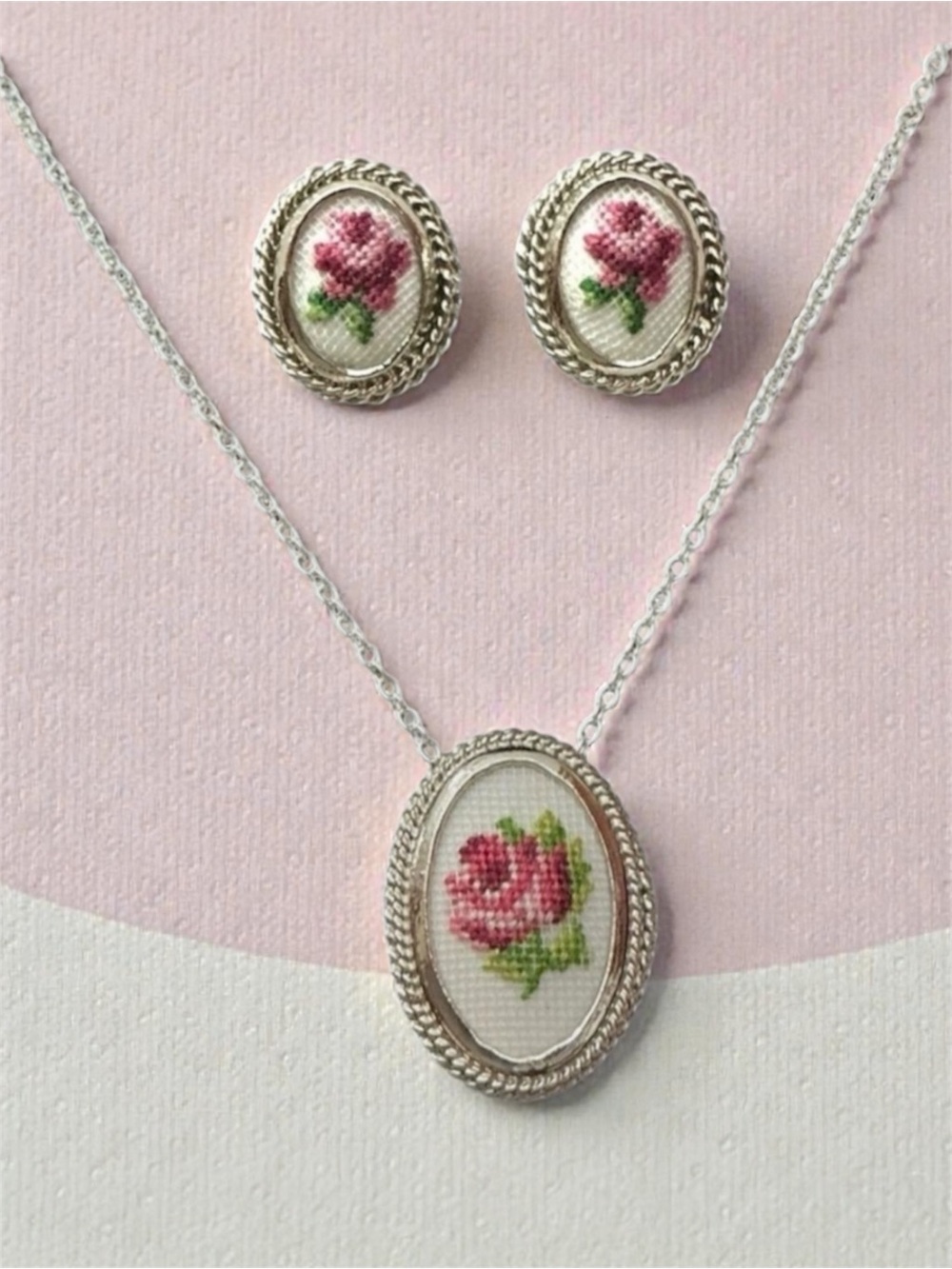 Hand Embroidered Cross Stitch Rose Clip On Earrings & Necklace (Or Brooch)